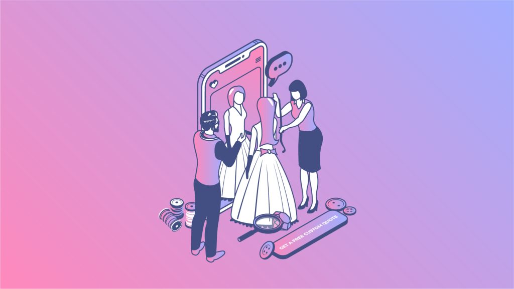 Illustration of a bride being fitted for a wedding dress by two tailors standing in front of a mirror with a smartphone frame